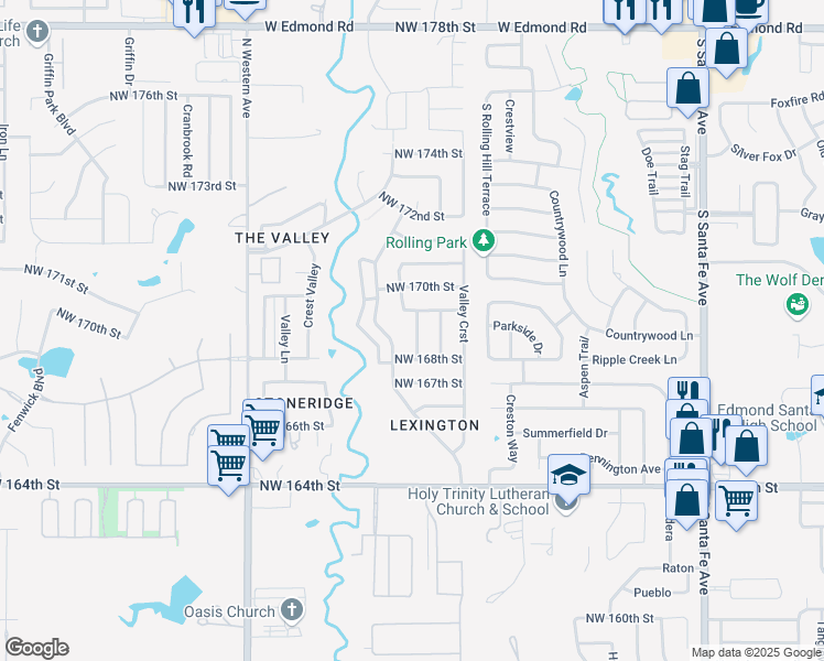 map of restaurants, bars, coffee shops, grocery stores, and more near 16921 Applewood Drive in Edmond