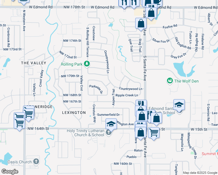 map of restaurants, bars, coffee shops, grocery stores, and more near 1205 Allens Trail in Edmond