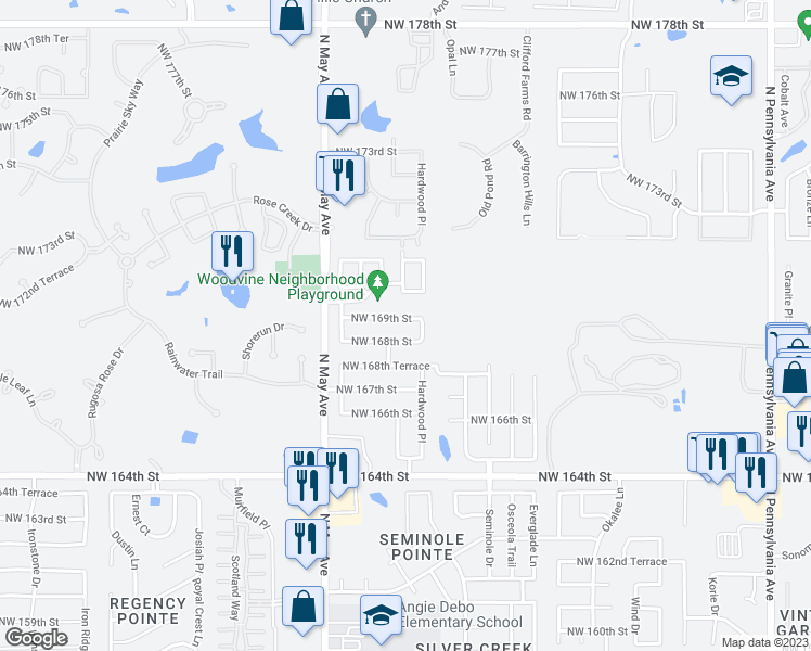 map of restaurants, bars, coffee shops, grocery stores, and more near 2716 Northwest 169th Street in Edmond