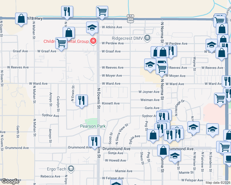 map of restaurants, bars, coffee shops, grocery stores, and more near 801 West Ward Avenue in Ridgecrest