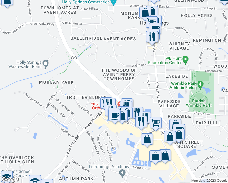 map of restaurants, bars, coffee shops, grocery stores, and more near in Holly Springs