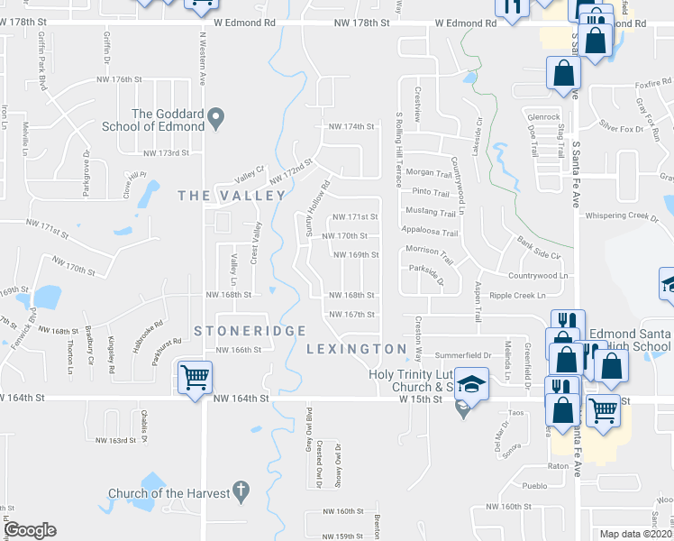 map of restaurants, bars, coffee shops, grocery stores, and more near 16908 Sunny Hollow Road in Edmond