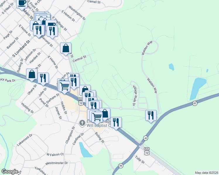 map of restaurants, bars, coffee shops, grocery stores, and more near 101 Bent Branch Loop in Clayton