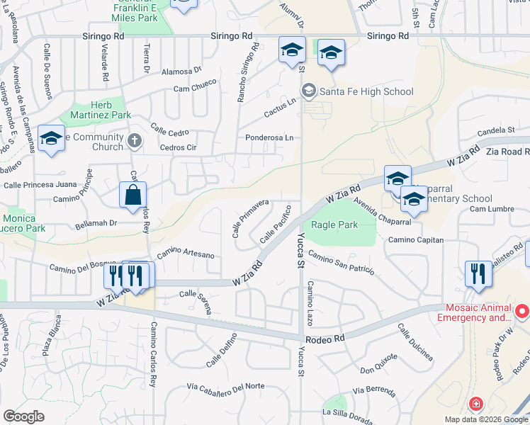 map of restaurants, bars, coffee shops, grocery stores, and more near 2314 La Senda Street in Santa Fe