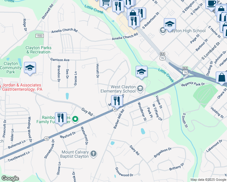 map of restaurants, bars, coffee shops, grocery stores, and more near 207 Sleepy Creek Drive in Clayton