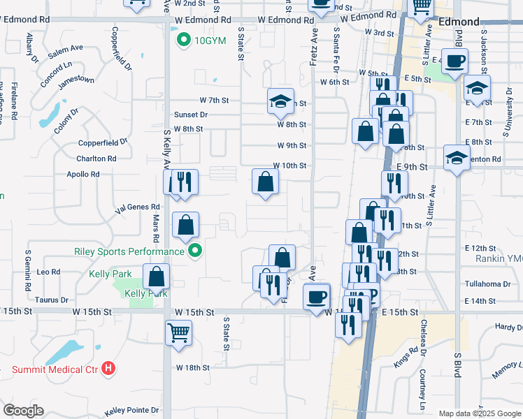 map of restaurants, bars, coffee shops, grocery stores, and more near 301 Dennis Street in Edmond