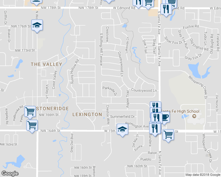 map of restaurants, bars, coffee shops, grocery stores, and more near 2800 Parkside Drive in Edmond