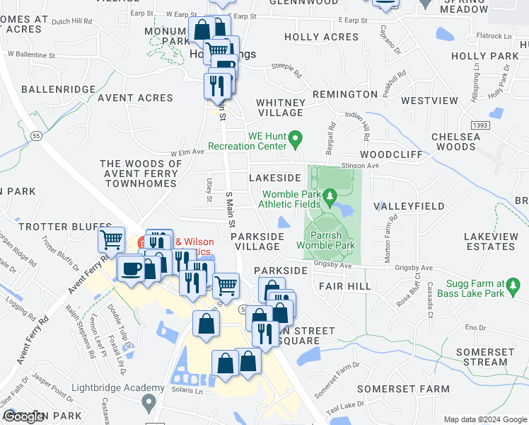 map of restaurants, bars, coffee shops, grocery stores, and more near 404 Springside Drive in Holly Springs