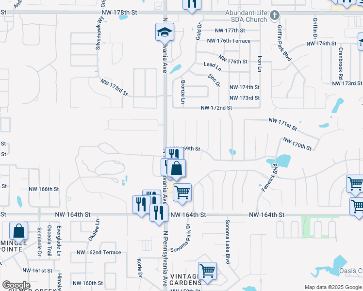 map of restaurants, bars, coffee shops, grocery stores, and more near 16921 Gladstone Circle in Edmond