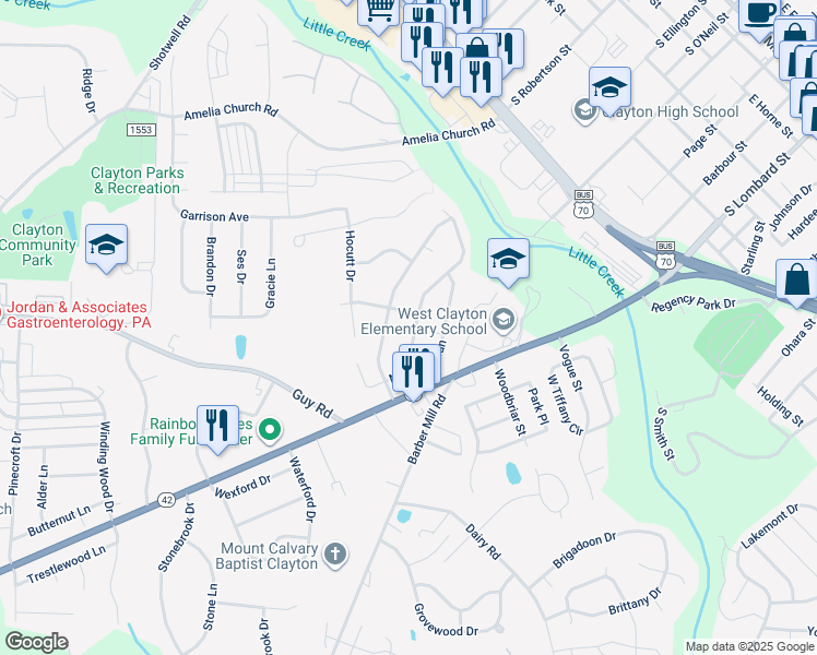 map of restaurants, bars, coffee shops, grocery stores, and more near 207 Sleepy Creek Drive in Clayton