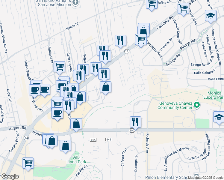 map of restaurants, bars, coffee shops, grocery stores, and more near 3574 Cerrillos Road in Santa Fe