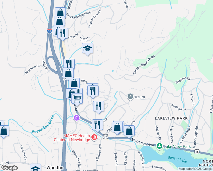 map of restaurants, bars, coffee shops, grocery stores, and more near 41 240 Cobblers Way in Asheville