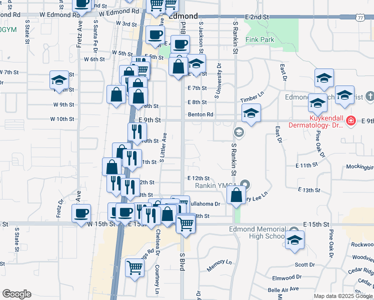map of restaurants, bars, coffee shops, grocery stores, and more near 930 South Boulevard in Edmond