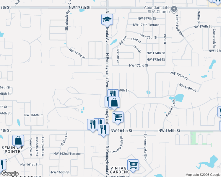 map of restaurants, bars, coffee shops, grocery stores, and more near 16823 North Pennsylvania Avenue in Edmond