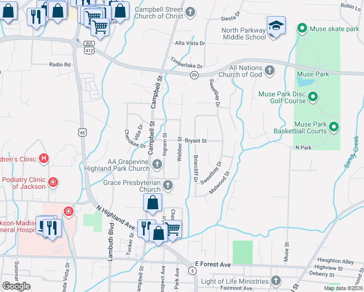 map of restaurants, bars, coffee shops, grocery stores, and more near 52 Webber Street in Jackson