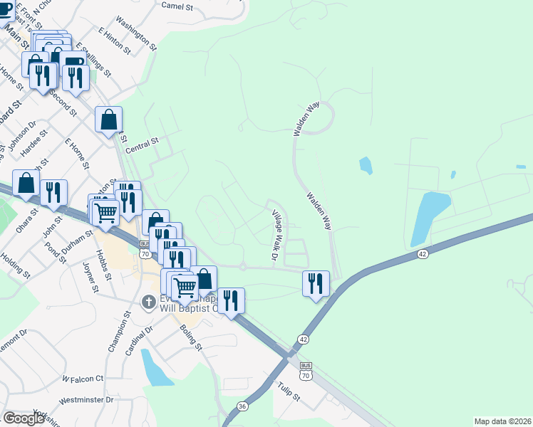 map of restaurants, bars, coffee shops, grocery stores, and more near 143 Village Walk Drive in Clayton