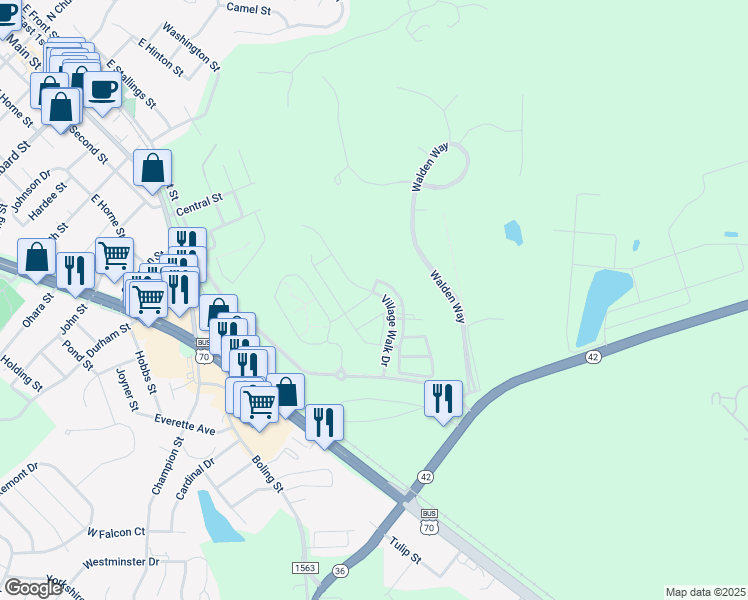 map of restaurants, bars, coffee shops, grocery stores, and more near 143 Village Walk Drive in Clayton