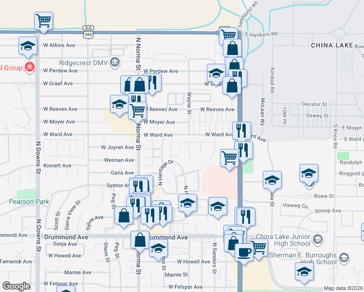 map of restaurants, bars, coffee shops, grocery stores, and more near 324 West Pilgrim Court in Ridgecrest