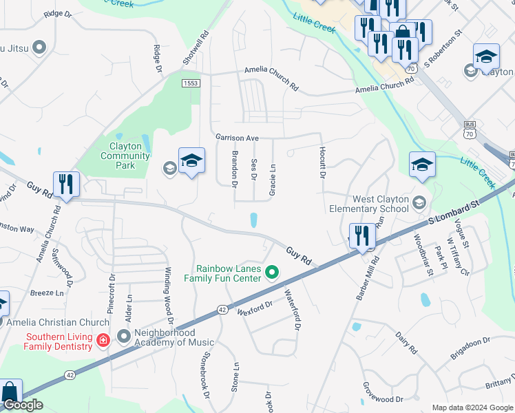 map of restaurants, bars, coffee shops, grocery stores, and more near 137 Gracie Lane in Clayton