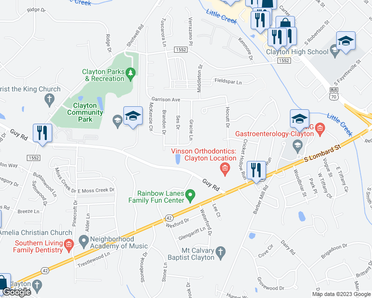 map of restaurants, bars, coffee shops, grocery stores, and more near 133 Gracie Lane in Clayton