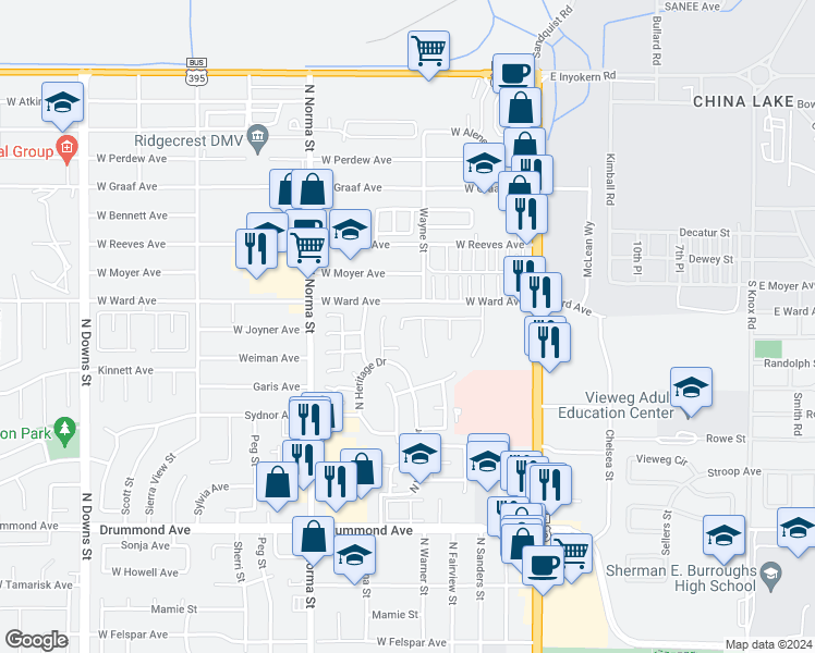 map of restaurants, bars, coffee shops, grocery stores, and more near 315 Mesquite Avenue in Ridgecrest