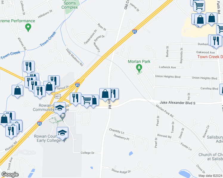 map of restaurants, bars, coffee shops, grocery stores, and more near 1302 Old Concord Road in Salisbury
