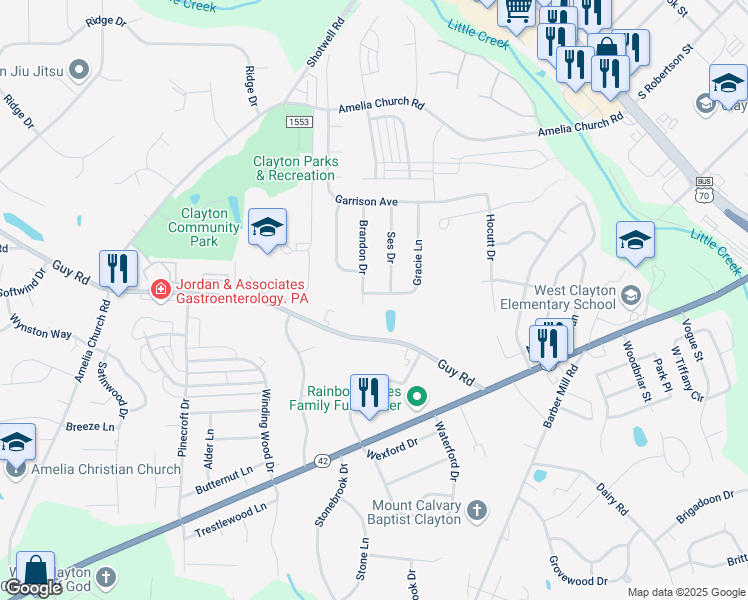 map of restaurants, bars, coffee shops, grocery stores, and more near 205 Gracie Lane in Clayton