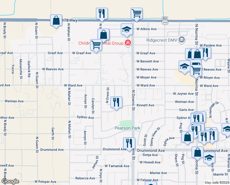 map of restaurants, bars, coffee shops, grocery stores, and more near 1218 North El Prado Street in Ridgecrest
