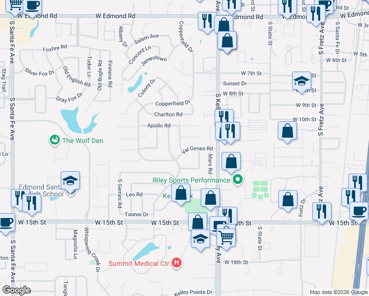 map of restaurants, bars, coffee shops, grocery stores, and more near 1004 Mercury Circle in Edmond