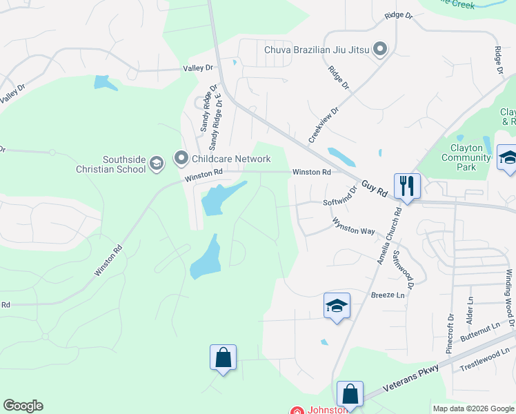 map of restaurants, bars, coffee shops, grocery stores, and more near 2053 Coxwoods Road in Clayton