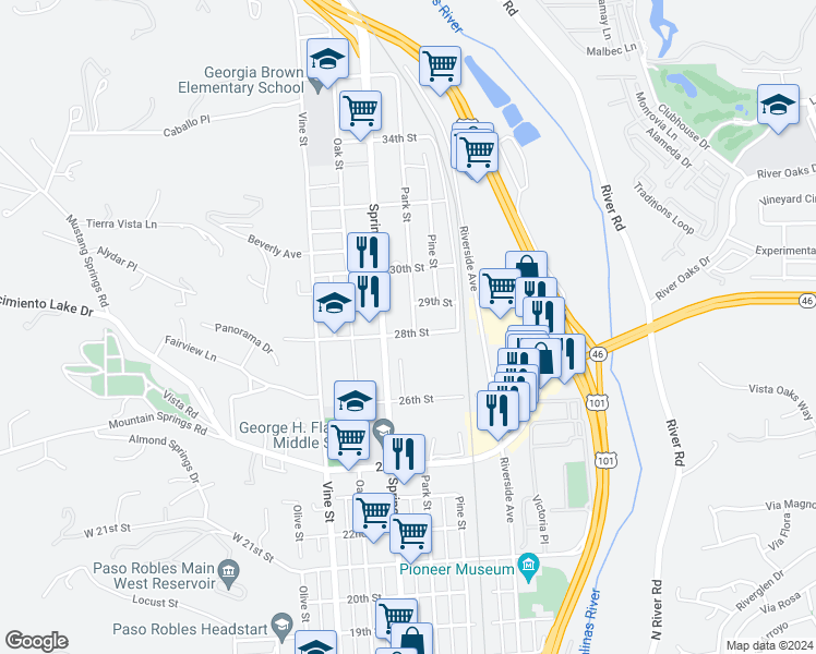 map of restaurants, bars, coffee shops, grocery stores, and more near 735 28th Street in Paso Robles