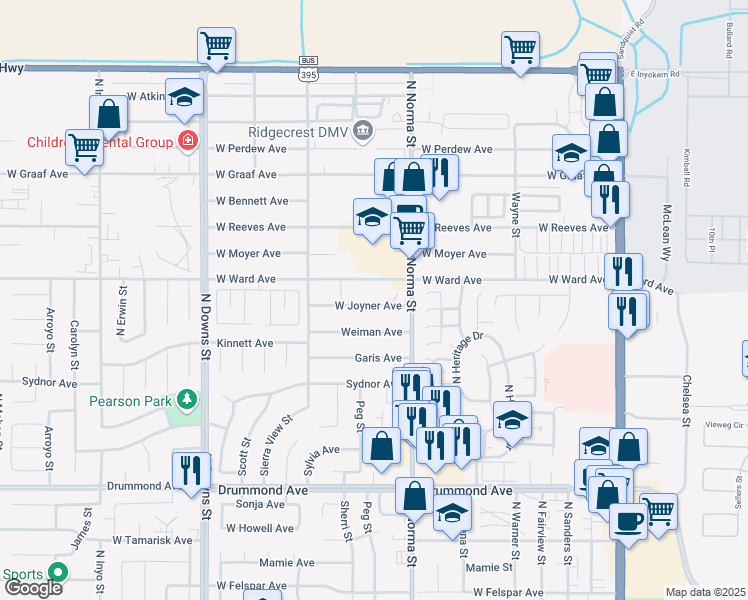 map of restaurants, bars, coffee shops, grocery stores, and more near 532 West Joyner Avenue in Ridgecrest