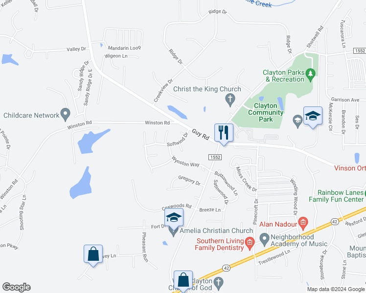 map of restaurants, bars, coffee shops, grocery stores, and more near 1005 Narcissus Court in Clayton