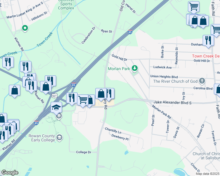 map of restaurants, bars, coffee shops, grocery stores, and more near 1402 Old Concord Road in Salisbury