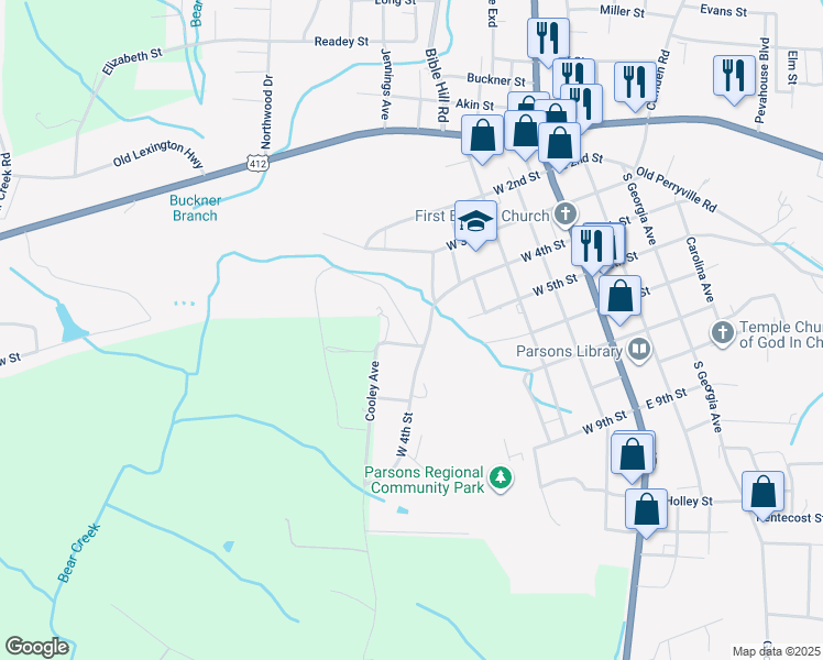 map of restaurants, bars, coffee shops, grocery stores, and more near 69 Cooley Avenue in Parsons