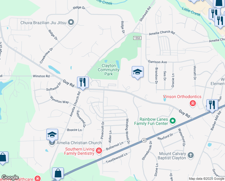 map of restaurants, bars, coffee shops, grocery stores, and more near 490 Guy Road in Clayton