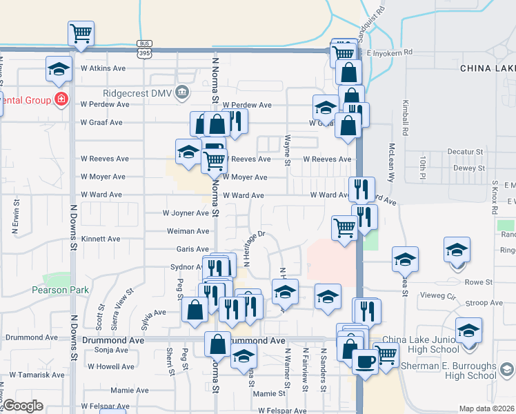 map of restaurants, bars, coffee shops, grocery stores, and more near 1237 Mayflower Circle in Ridgecrest