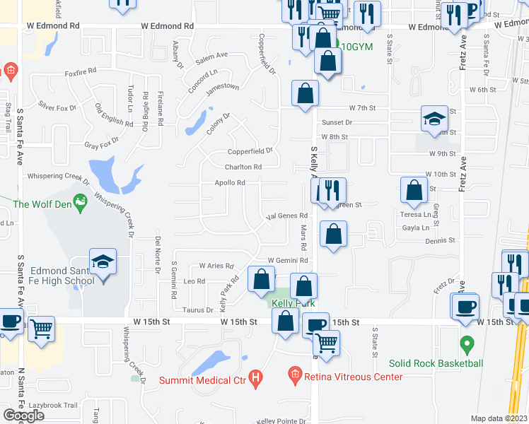 map of restaurants, bars, coffee shops, grocery stores, and more near 916 Mercury Road in Edmond