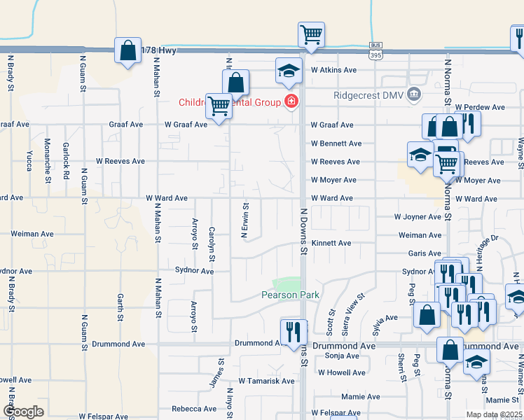 map of restaurants, bars, coffee shops, grocery stores, and more near 1300 North El Prado Street in Ridgecrest