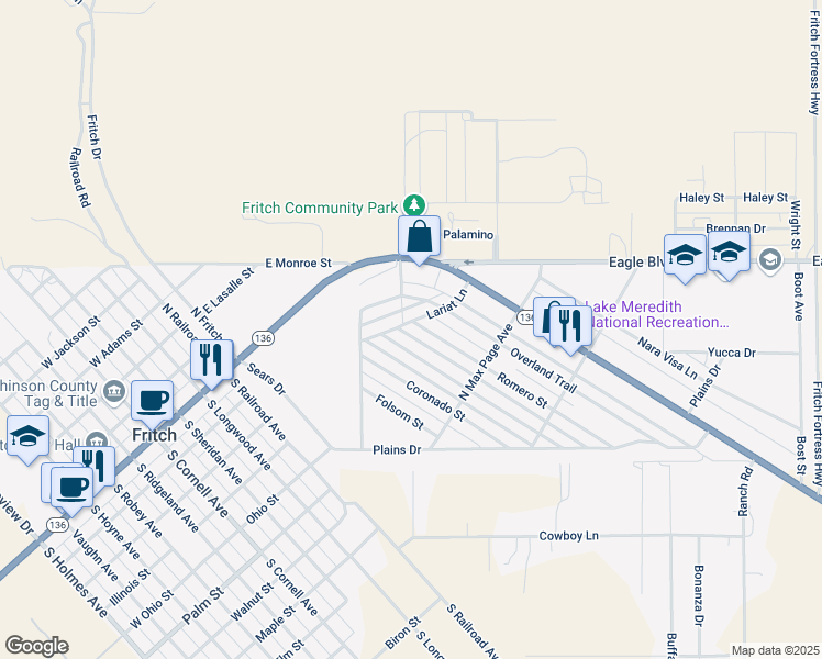 map of restaurants, bars, coffee shops, grocery stores, and more near 300 Romero Street in Fritch