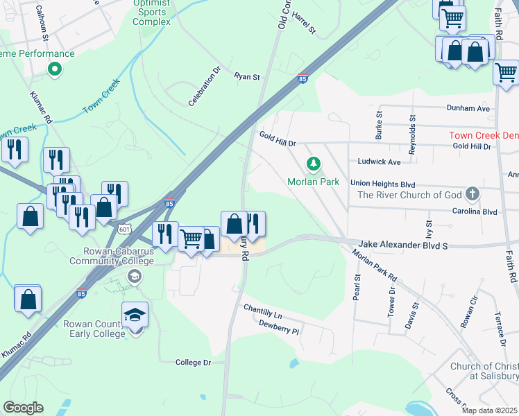 map of restaurants, bars, coffee shops, grocery stores, and more near 1300 Old Concord Road in Salisbury