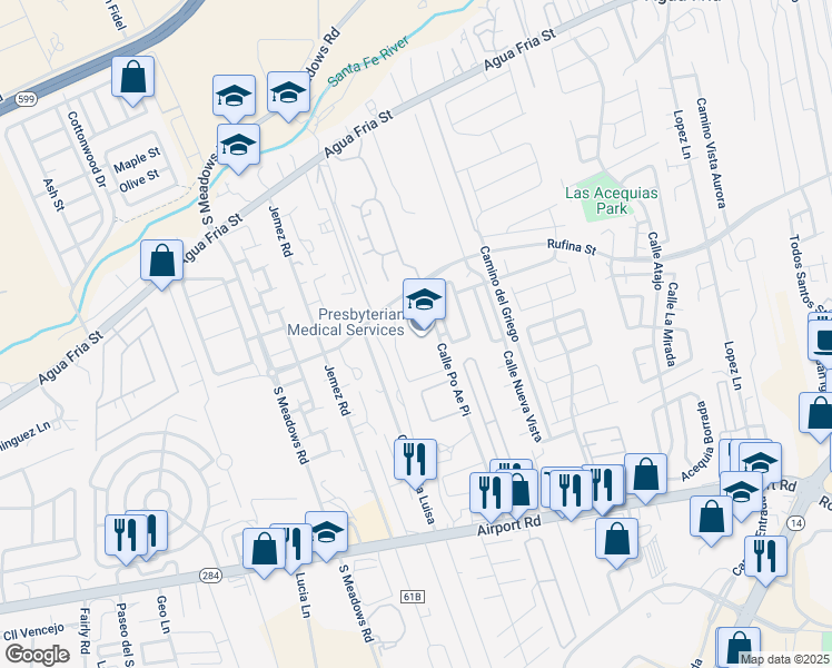 map of restaurants, bars, coffee shops, grocery stores, and more near 3200 Calle Po Ae Pi in Santa Fe