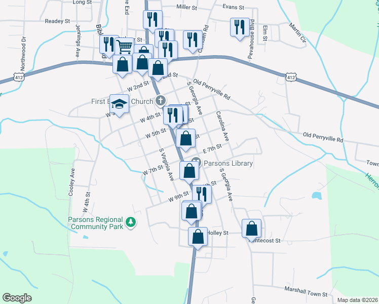 map of restaurants, bars, coffee shops, grocery stores, and more near 54 East 6th Street in Parsons