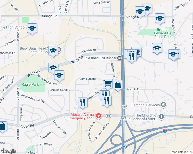 map of restaurants, bars, coffee shops, grocery stores, and more near 1877 Brillante Lane in Santa Fe