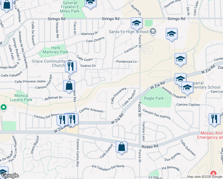map of restaurants, bars, coffee shops, grocery stores, and more near 2600 Primavera Court in Santa Fe