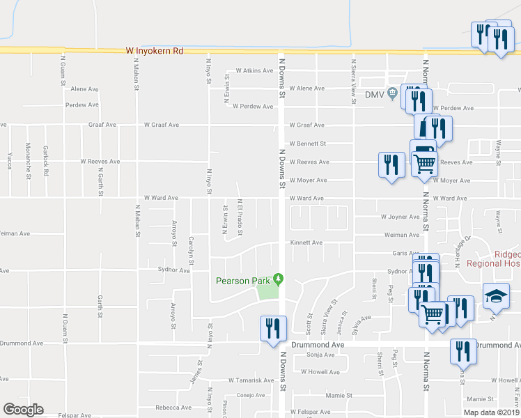 map of restaurants, bars, coffee shops, grocery stores, and more near 1242 North Mono Court in Ridgecrest