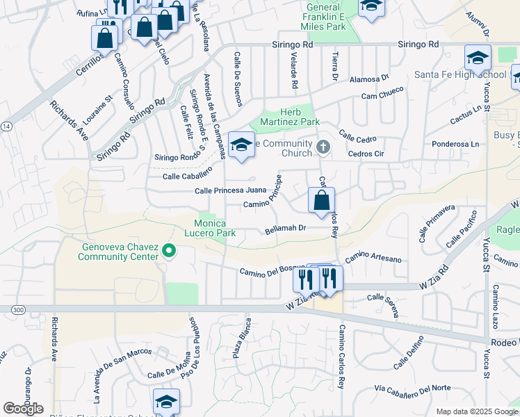 map of restaurants, bars, coffee shops, grocery stores, and more near 2924 Calle Princesa Juana in Santa Fe