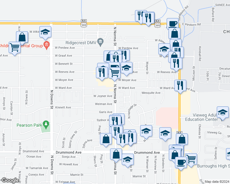 map of restaurants, bars, coffee shops, grocery stores, and more near 1275 North Norma Street in Ridgecrest