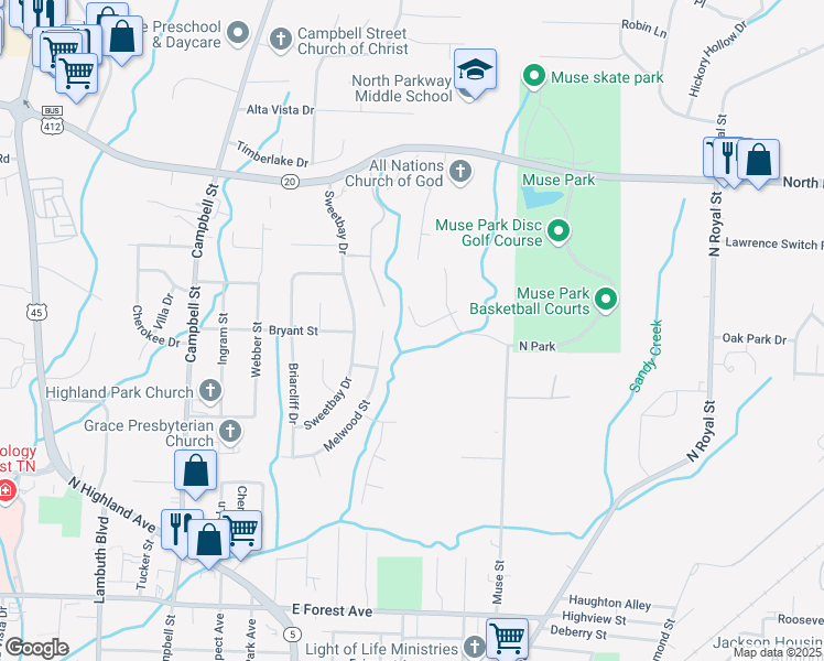 map of restaurants, bars, coffee shops, grocery stores, and more near 28 Archwood Drive in Jackson