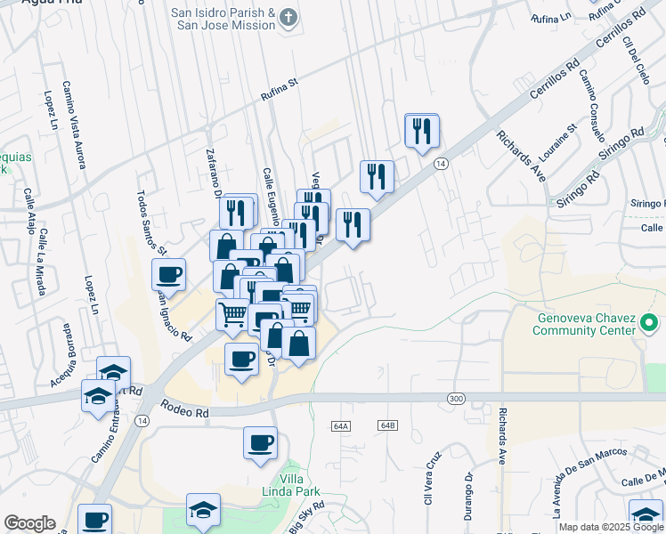 map of restaurants, bars, coffee shops, grocery stores, and more near 3674 Cerrillos Road in Santa Fe